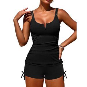 ZAFUL Tankini Swimsuits Tops Black Slimming Swim Ruched Tank Top Two Piece Small